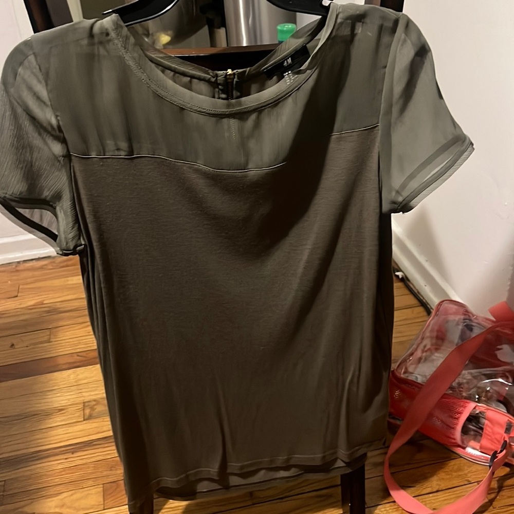 Army green top sheer/jersey material at bottom